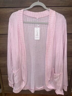 Soft Ribbed Open-Front Pink Cardigan Sweater
